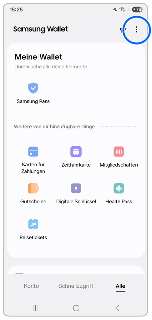 Galaxy Smartphone Samsung Wallet mit Markierung auf Weitere Optionen-Symbol