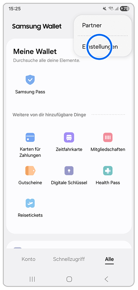 Galaxy Smartphone Samsung Wallet mit Markierung auf Einstellungen.