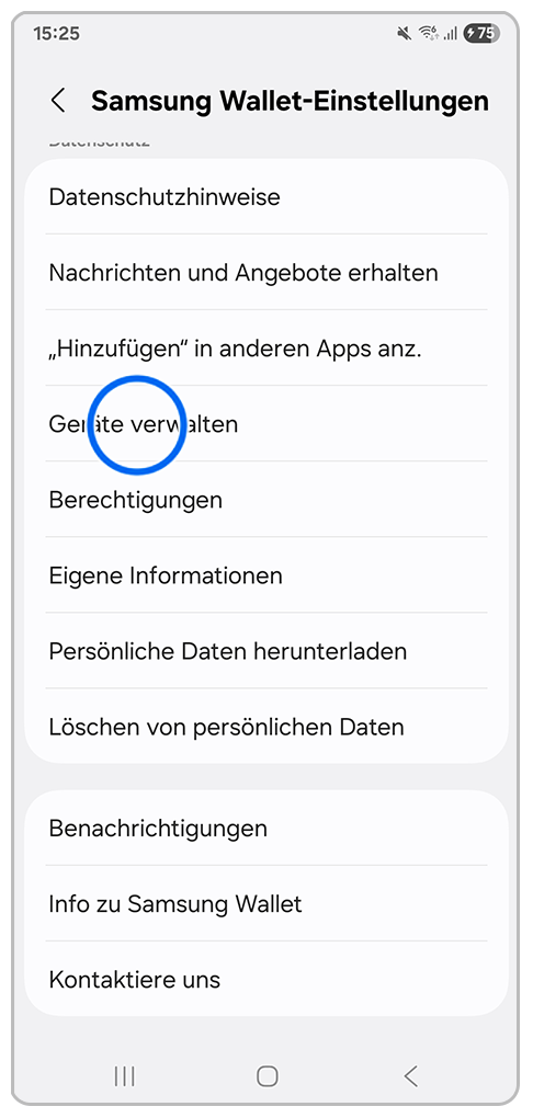 Galaxy Smartphone Samsung Wallet mit Markierung auf Geräte verwalten.