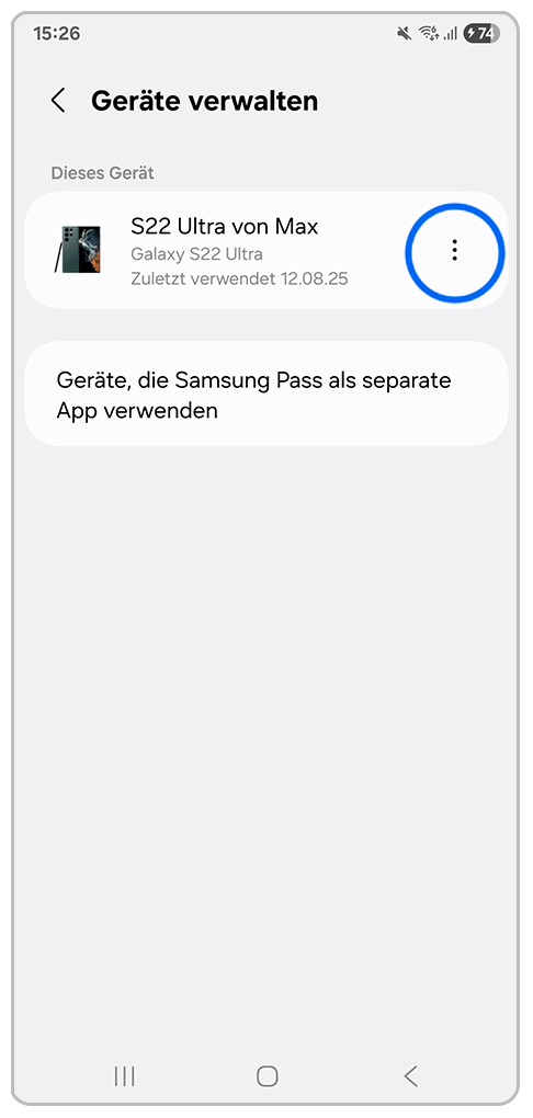 Galaxy Smartphone Samsung Wallet mit Markierung auf Weitere Optionen-Symbol.