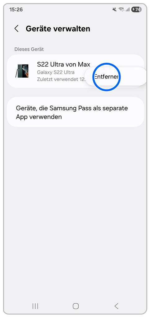 Galaxy Smartphone Samsung Wallet mit Markierung auf Entfernen.