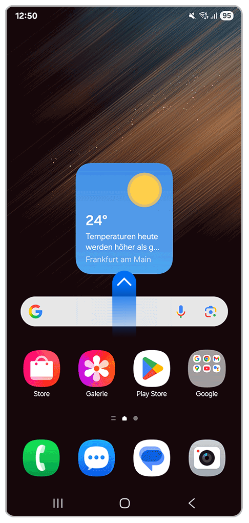 Galaxy Smartphone Startbildschirm mit Pfeil nach oben.