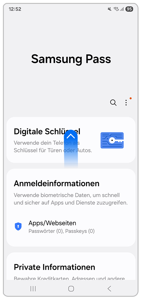 Galaxy Smartphone Samsung Pass mit Pfeil nach oben.