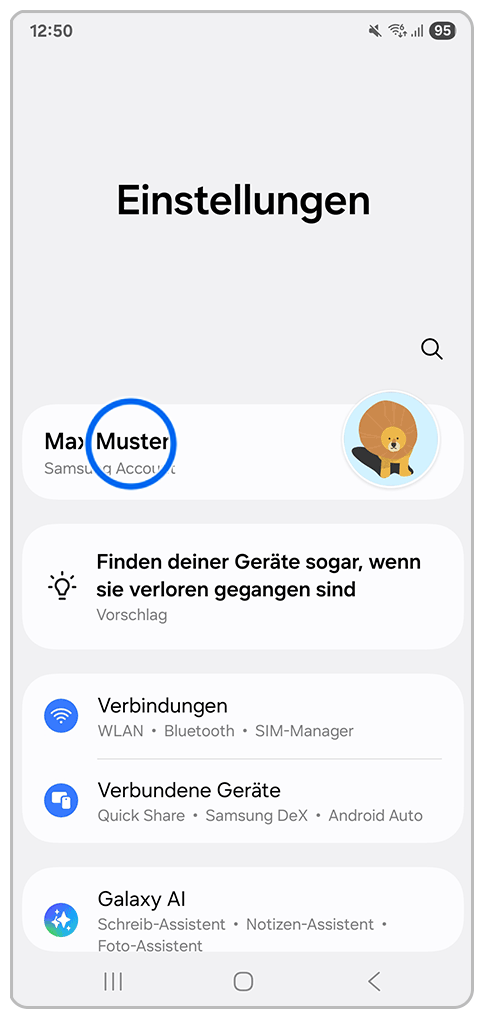Galaxy Smartphone Einstellungen mit Markierung auf Max Muster.