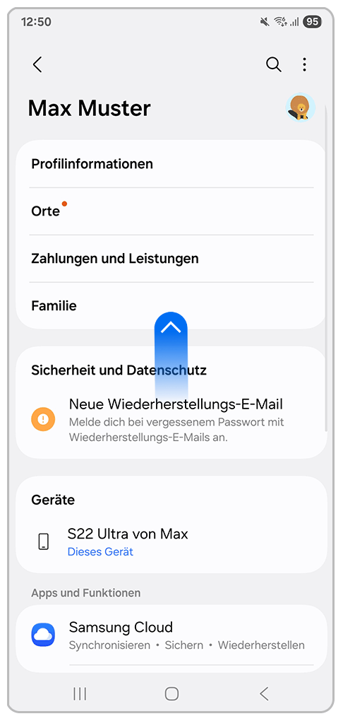 Galaxy Smartphone Profil mit Pfeil nach oben.