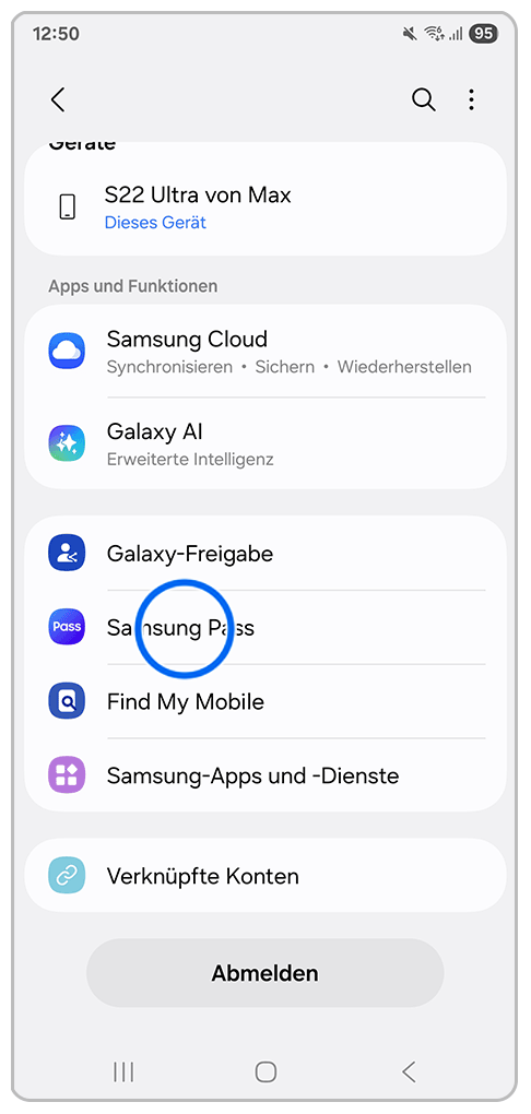 Galaxy Smartphone Profil mit Markierung auf Samsung Pass.