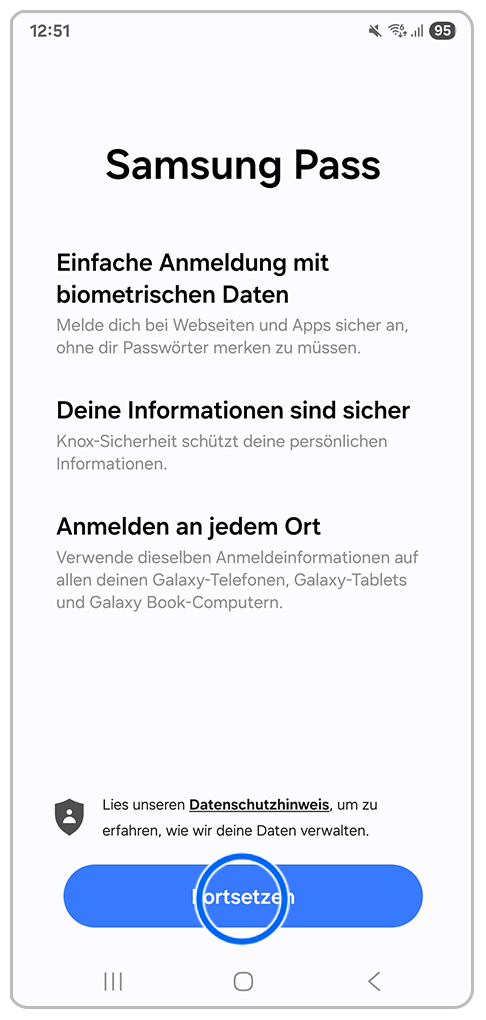 Galaxy Smartphone Samsung Pass mit Markierung auf Fortsetzen.
