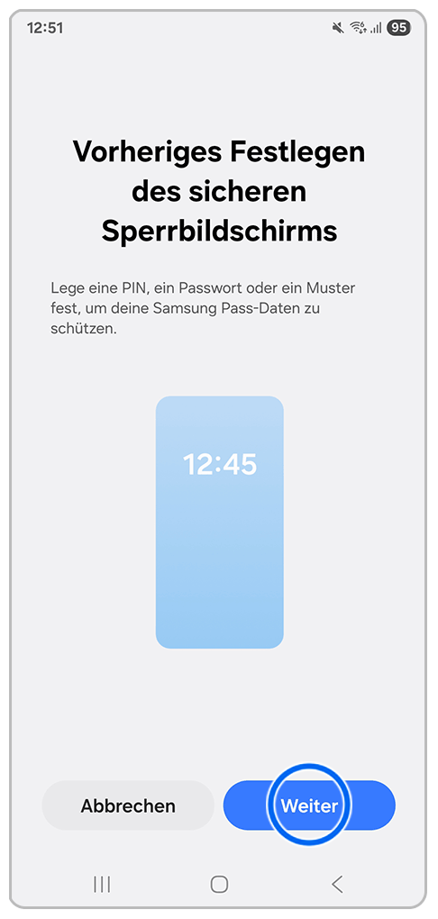 Galaxy Smartphone Samsung Pass mit Markierung auf Weiter.