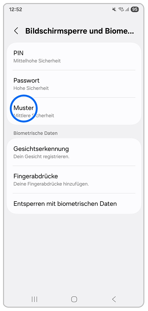 Galaxy Smartphone Samsung Pass mit Markierung auf Muster.