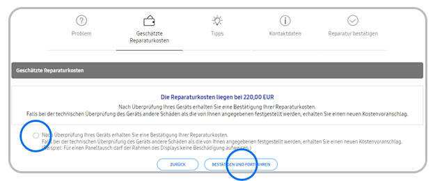 Beim Buchen einer Reparatur die geschätzen Reparaturkosten einsehen.