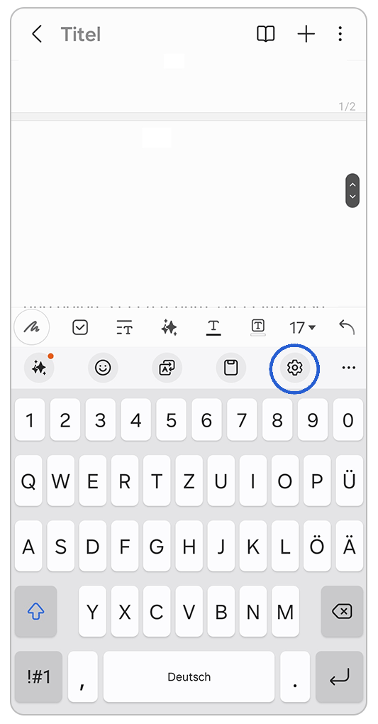 Samsung-Tastatur, das Einstellungen Symbol wird angetippt.