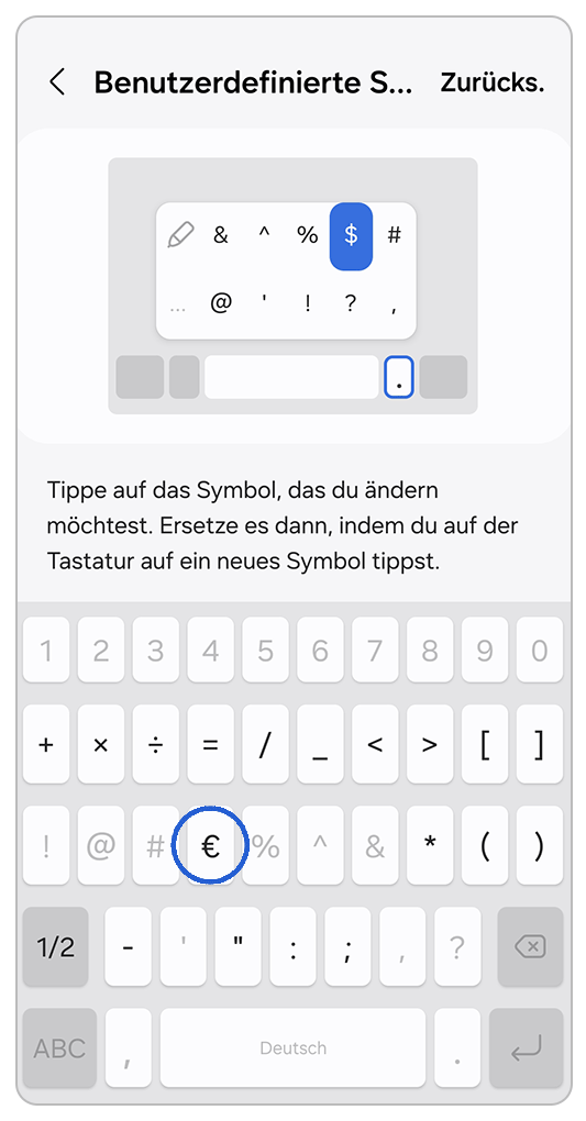 Samsung-Tastatur, das Dollar Symbol und das Euro-Zeichen werden nacheinander angetippt.