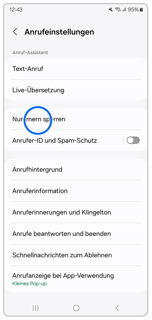 Galaxy Smartphone Telefon-App Einstelungen mit Markierung auf Nummern sperren