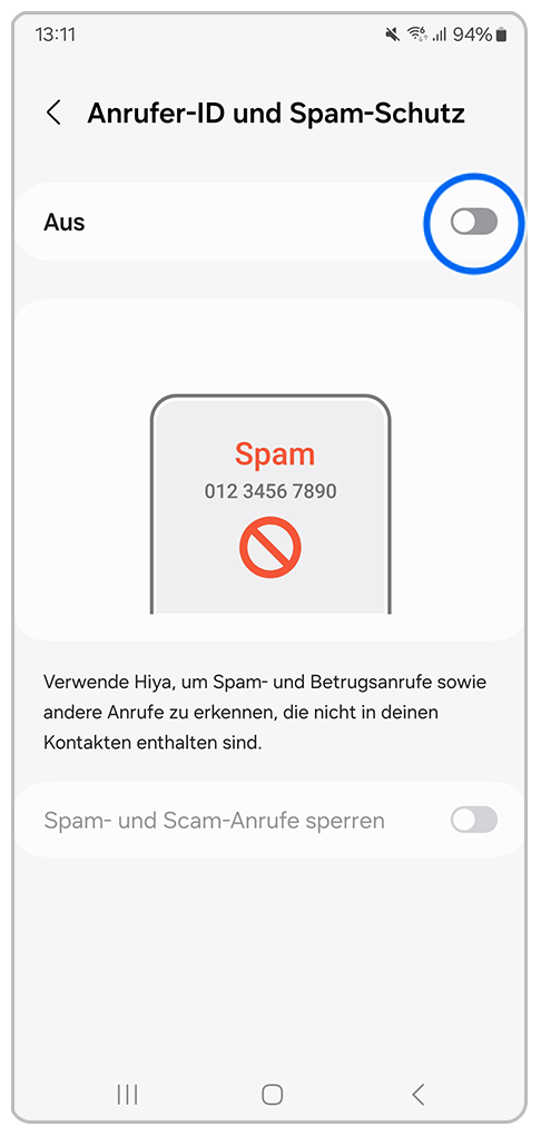 Galaxy Smartphone Telefon-App Anrufer-ID und Spam-Schutz mit Markierung auf  Schieberegler