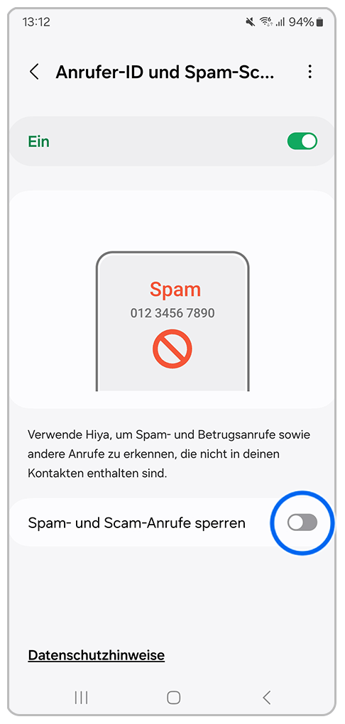 Galaxy Smartphone Telefon-App Anrufer-ID und Spam-Schutz mit Markierung auf Schieberegler