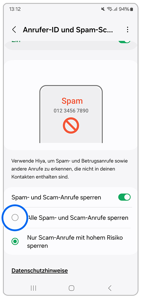 Galaxy Smartphone Telefon-App Anrufer-ID und Spam-Schutz mit Markierung auf Alle Spam- und Scam-Anrufe sperren