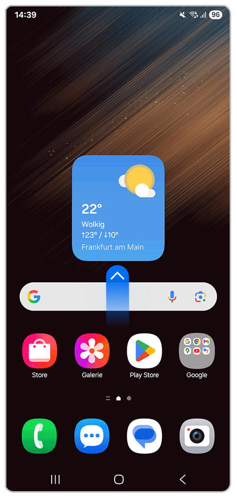 Galaxy Smartphone Startbildschirm mit Pfeil nach oben.