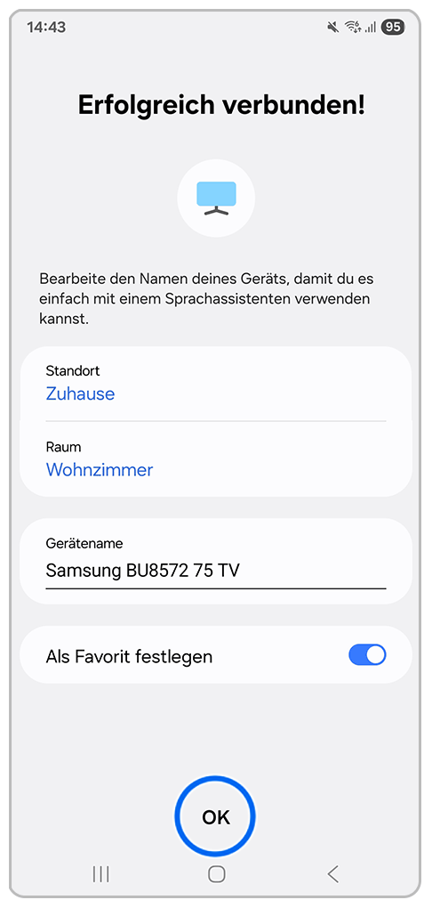 Galaxy Smartphone SmartThings Erfolgreich Verbunden mit Markierung auf OK