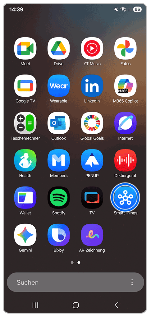Galaxy Smartphone App-Bildschirm mit Markierung auf SmartThings.