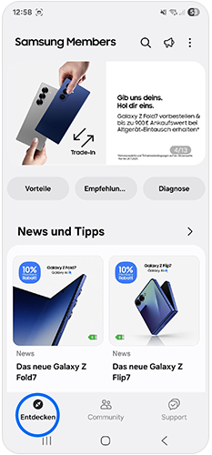Bild der Samsung Members App im Reiter Entdecken