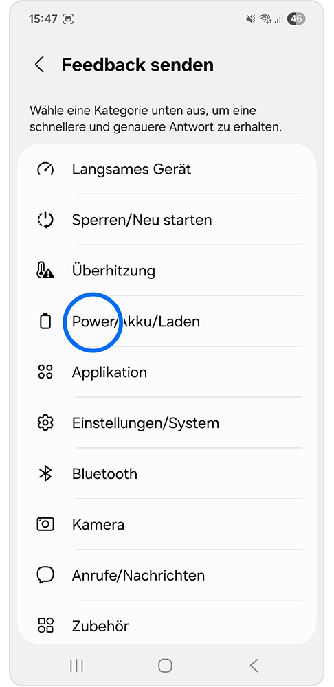Samsung Members App Feedback senden mit Markierung auf Power/Akku laden