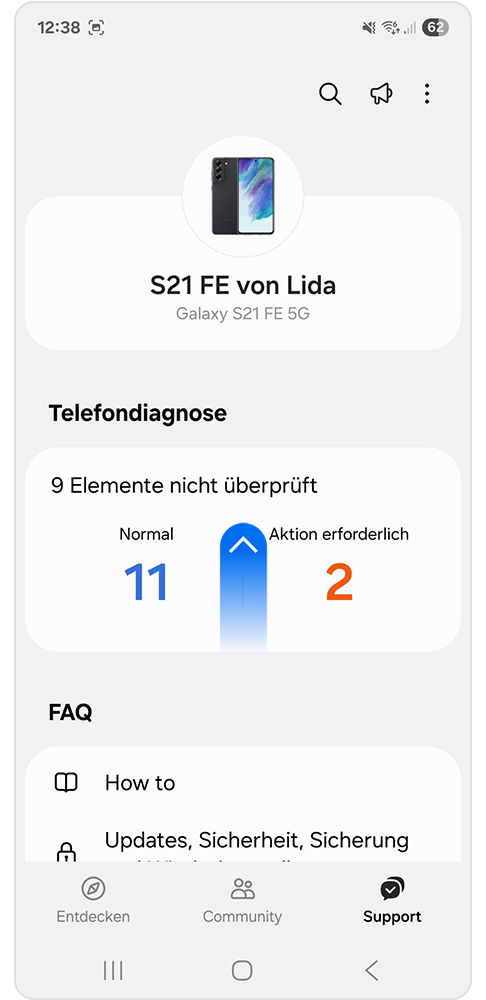 Samsung Members App mit blauer Pfeil-Markierung, welcher einen Scroll nach oben darstellen soll