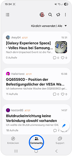 Bild der Samsung Members App im Reiter Community