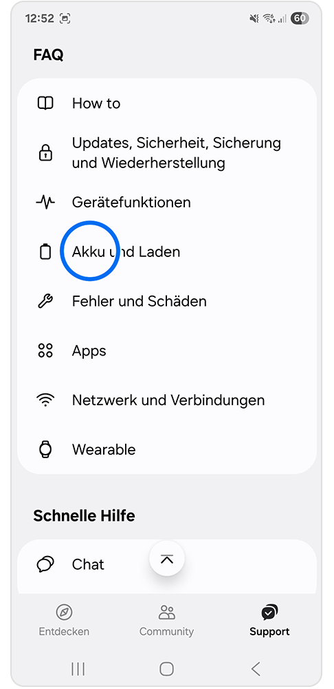Samsung Members App FAQ mit Markierung auf Akku und Laden