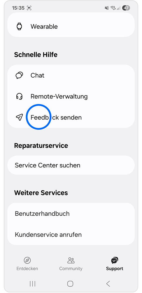 Samsung Members App mit Markierung auf Feedback senden