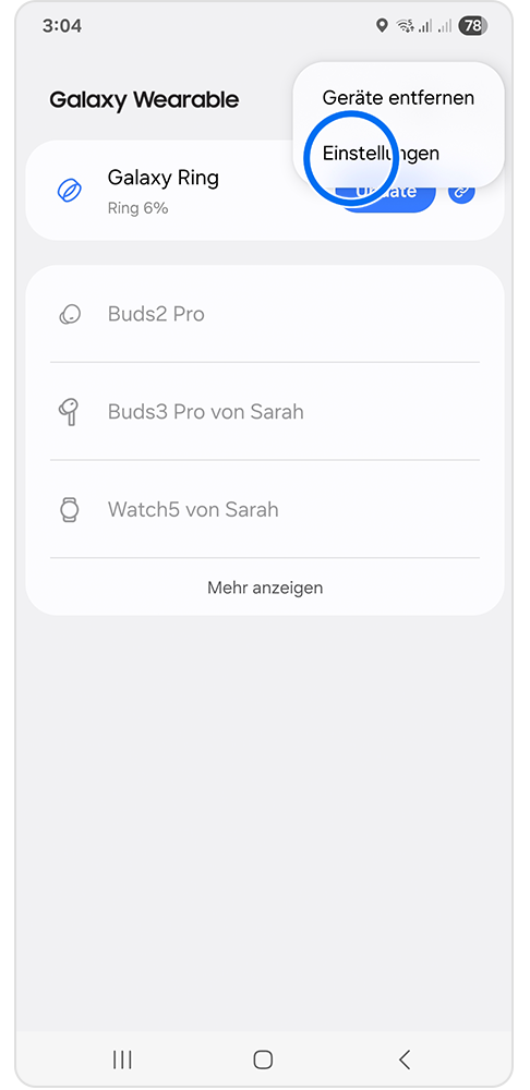 Samsung Wearable App Einstellungen mit Markierung auf Einstellungen