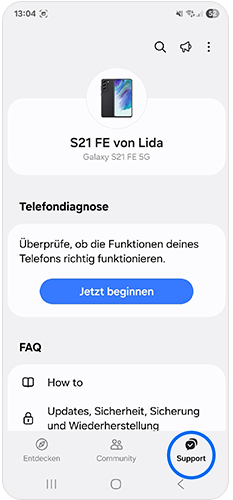 Bild der Samsung Members App im Reiter Support