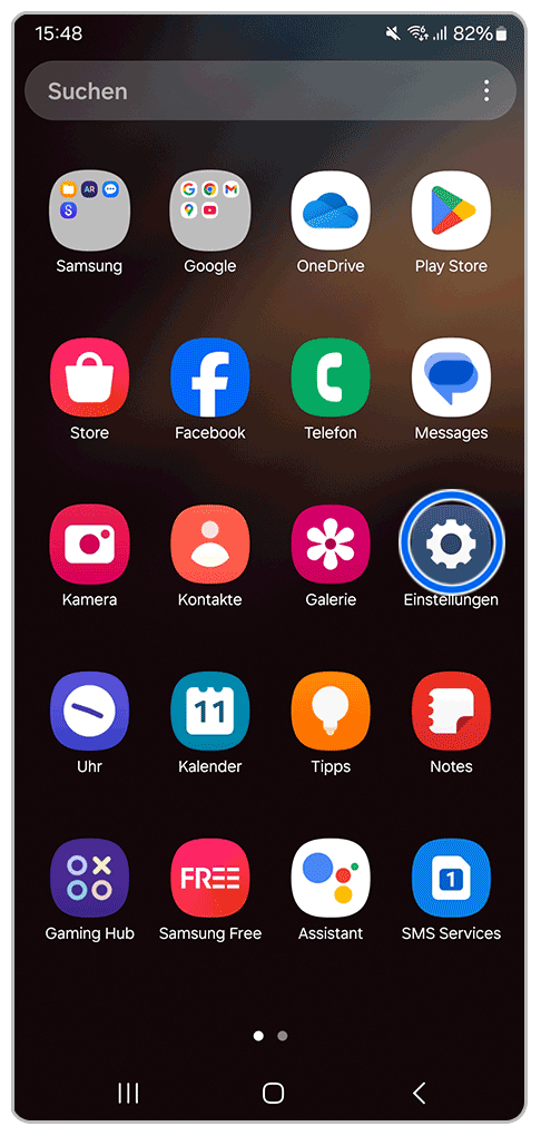 Galaxy Smartphone App-Bildschirm mit Markierung auf Einstellungen