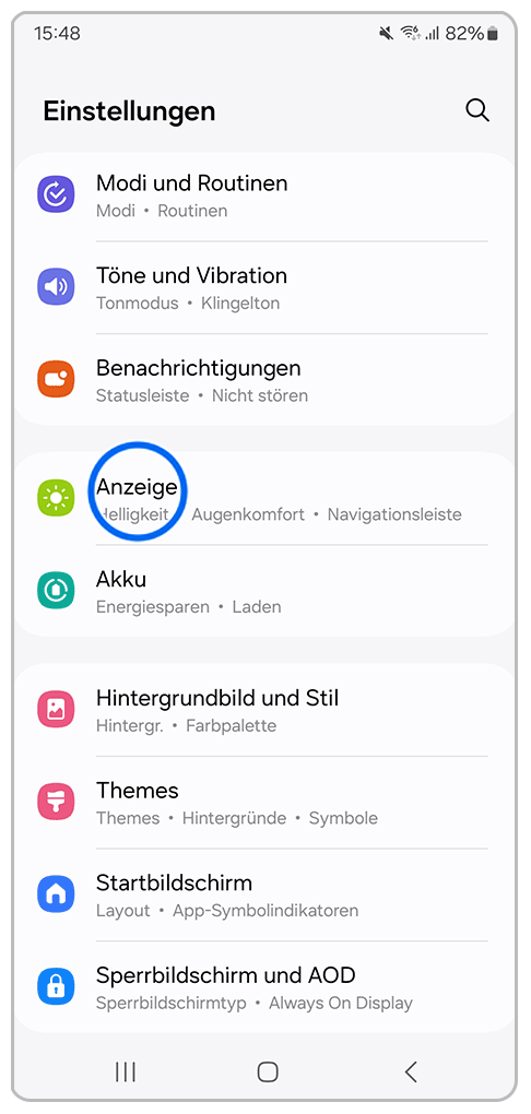 Galaxy Smartphone Einstellungen mit Markierung auf Anzeige