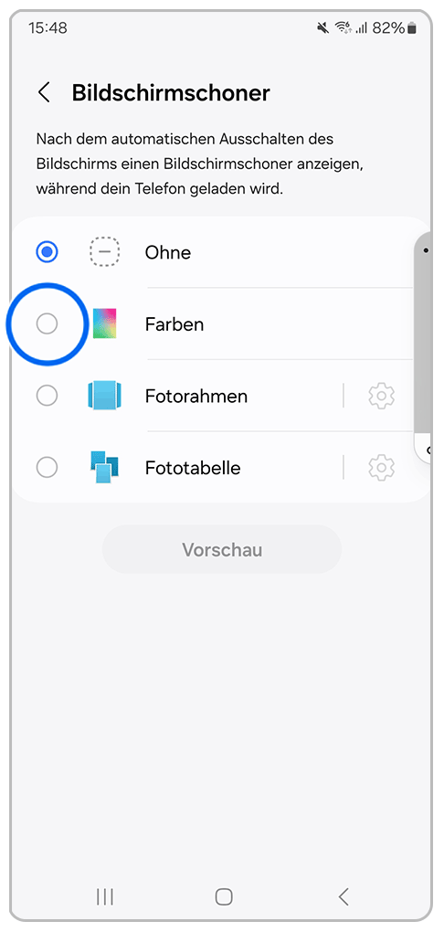 Galaxy Smartphone Bildschirmschoner mit Markierung auf der Option Farben