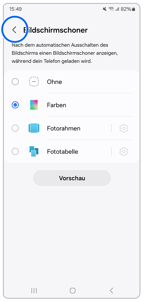Galaxy Smartphone Bildschirmschoner mit Markierung auf das Zurück-Symbol