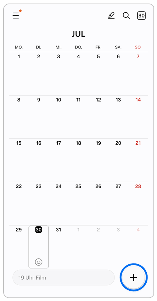 Kalender App mit Monatsansicht. Tippen auf Plus-Symbol