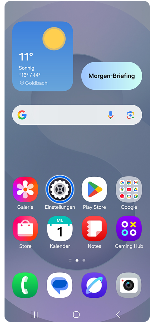 Galaxy Smartphone Startbildschirm mit Markierung auf Einstellungen