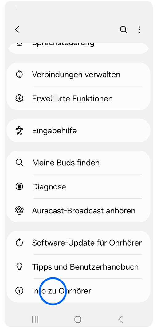 Galaxy Smartphone Buds Menü mit Markierung auf Info zu Ohrhörer