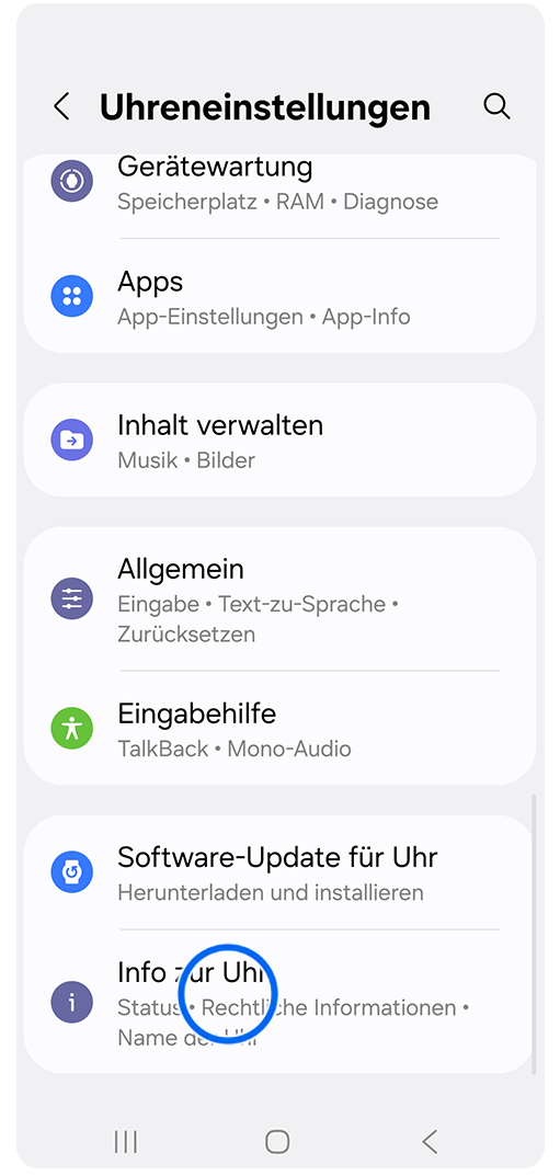 Galaxy Smartphone Wearable App mit Markierung auf Info zur Uhr