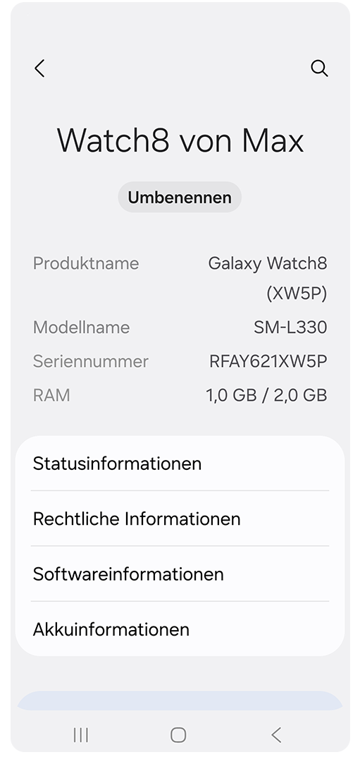 Galaxy Smartphone Wearable App Geräteinformationen der Smartwatch