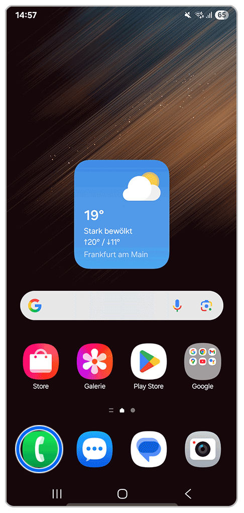 Galaxy Smartphone Startbildschirm mit Markierung auf Telefon-App