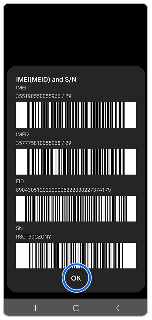 Galaxy Smartphone Telefoninfos mit Markierung auf OK