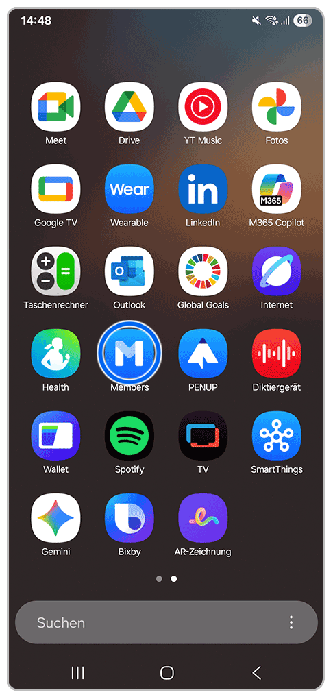 Galaxy Smartphone App-Bildschirm mit Markierung auf Samsung Members Symbol