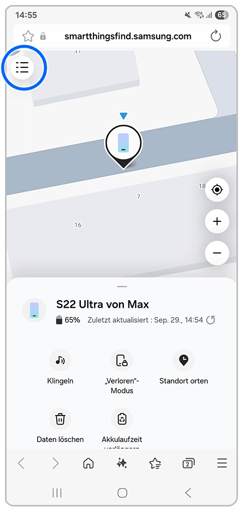 Galaxy Smartphone Samsung Find Webseite mit Markierung auf Weitere Optionen Symbol