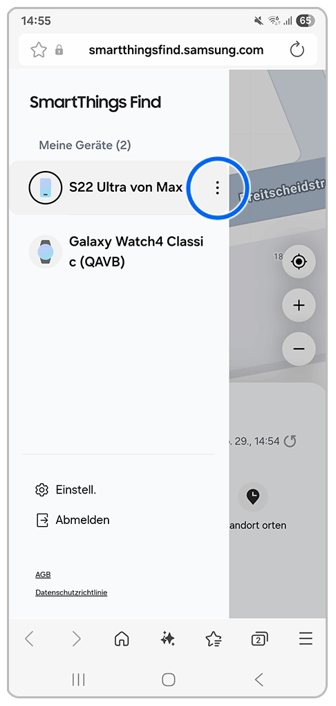 Galaxy Smartphone Samsung Find Webseite mit Markierung auf Weitere Optionen Symbol
