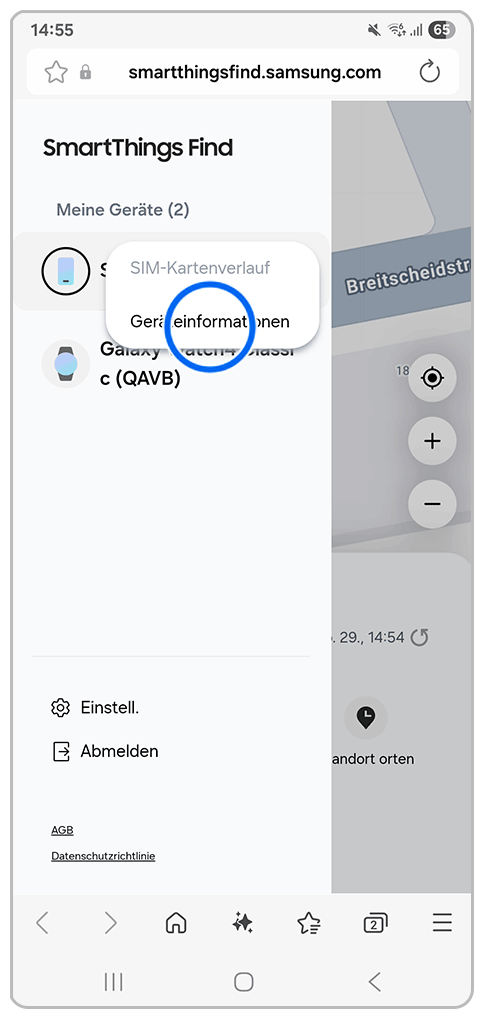 Galaxy Smartphone Samsung Find Webseite mit Markierung auf Geräteinformationen