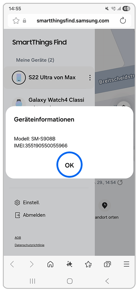 Galaxy Smartphone Samsung Find Webseite mit Markierung auf OK