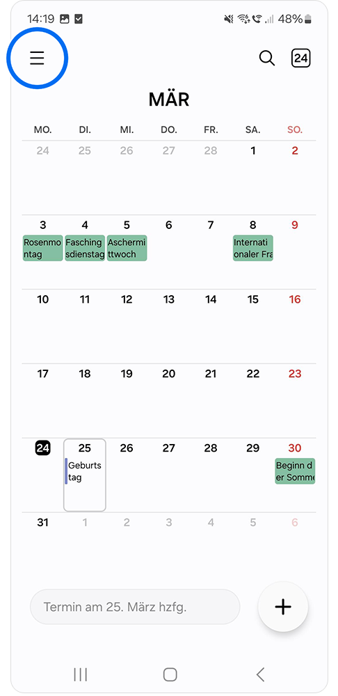 Menü wird in der Kalender App angetippt
