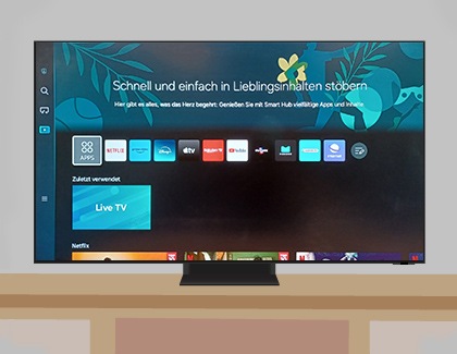 Verschiedene Sendungen und Optionen auf dem Startbildschirm eines Samsung Smart TVs.