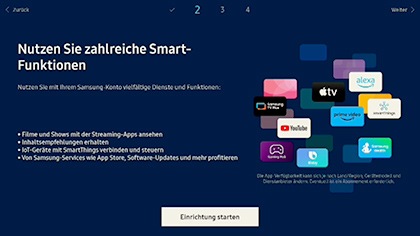 Ein Samsung Smart TV mit der Willkommens-Seite des Smart Hubs.
